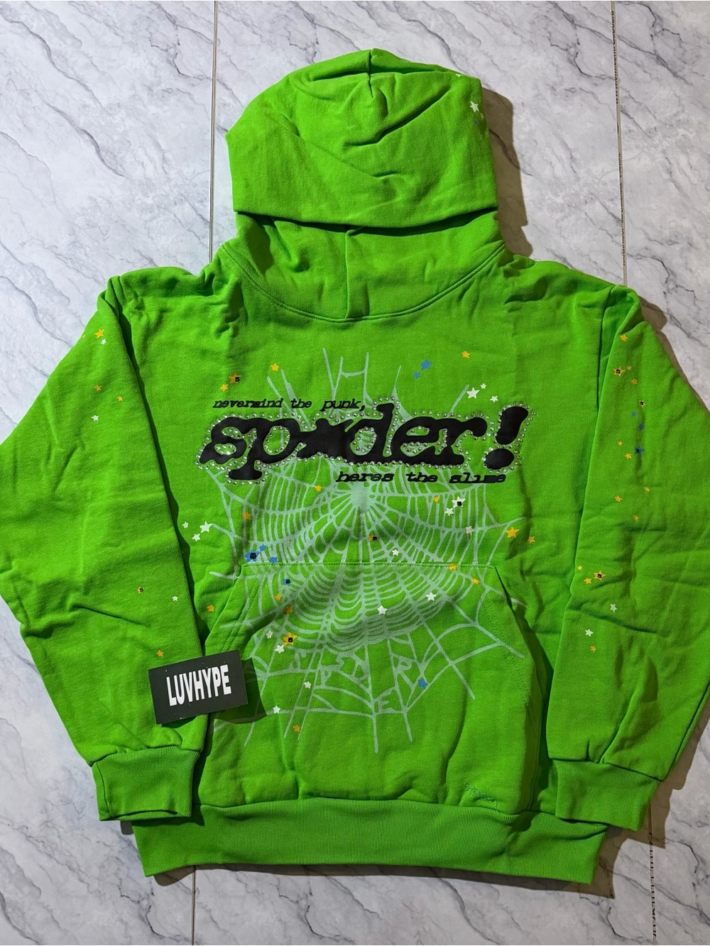 Sp5der Punk V2 Green Rhinestone Hoodie